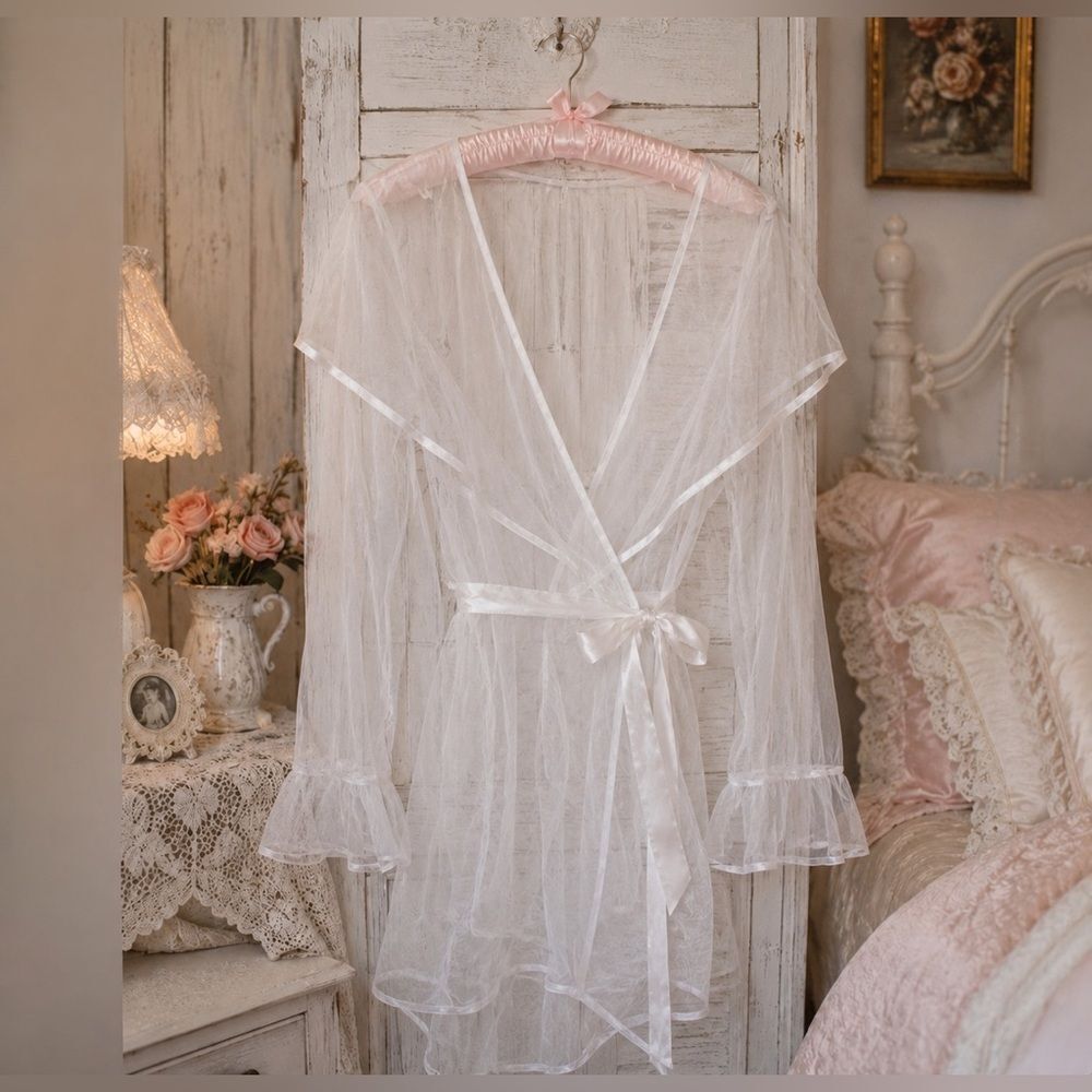 *Cinema Etoile* Sz L 🌺COQUETTE🌺 Sheer *RARE* Shawl-Collar Ruffle Bed Jacket